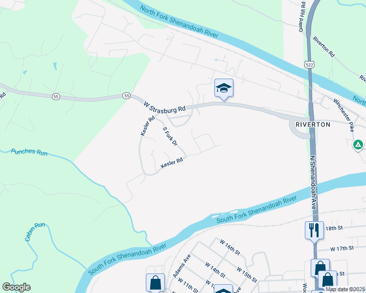 map of restaurants, bars, coffee shops, grocery stores, and more near 1186 South Fork Drive in Front Royal