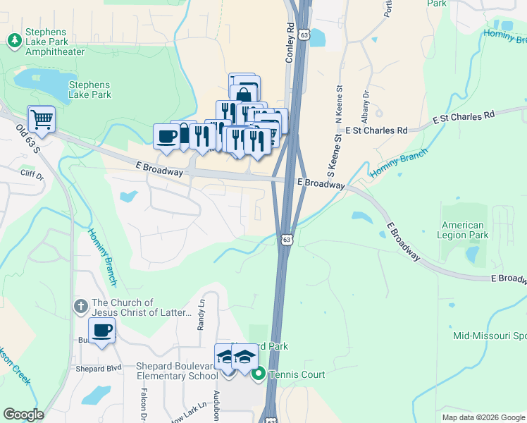 map of restaurants, bars, coffee shops, grocery stores, and more near 2808 Jacobs Place in Columbia