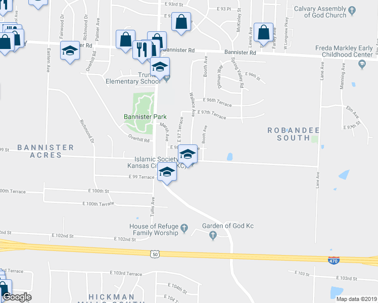 map of restaurants, bars, coffee shops, grocery stores, and more near 8502 East 99 Street in Kansas City