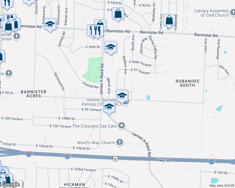map of restaurants, bars, coffee shops, grocery stores, and more near 8304 East 99 Street in Kansas City