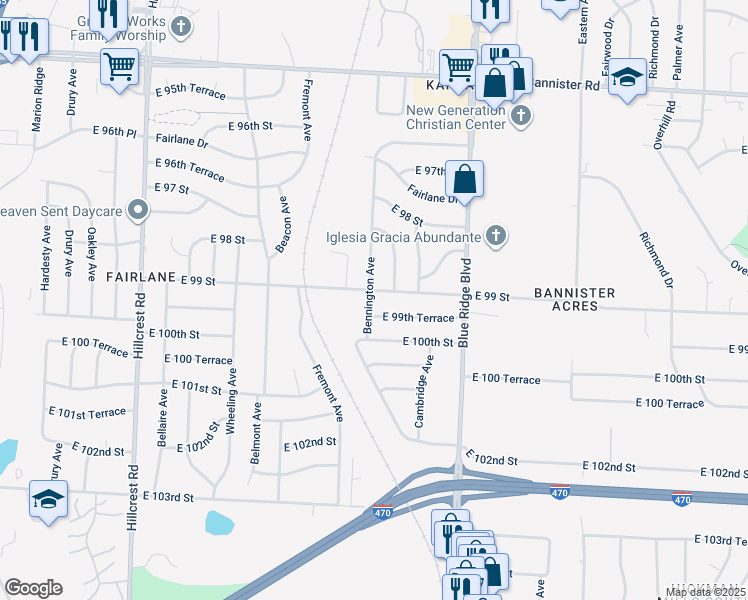map of restaurants, bars, coffee shops, grocery stores, and more near 6600 East 99th Terrace in Kansas City