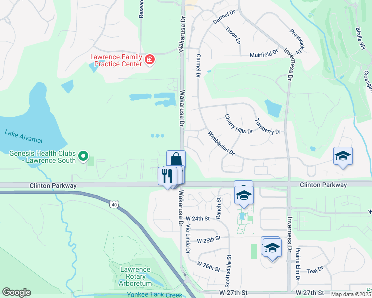 map of restaurants, bars, coffee shops, grocery stores, and more near 2210 Wakarusa Drive in Lawrence