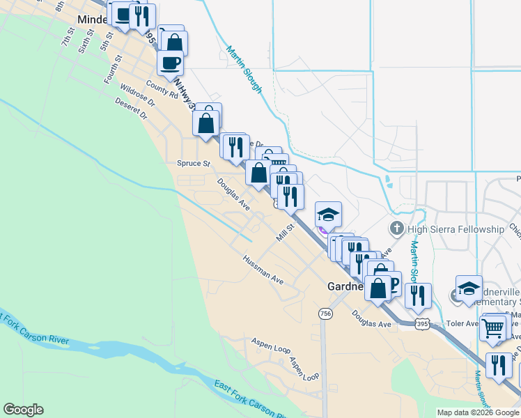 map of restaurants, bars, coffee shops, grocery stores, and more near 1481 Douglas Avenue in Gardnerville