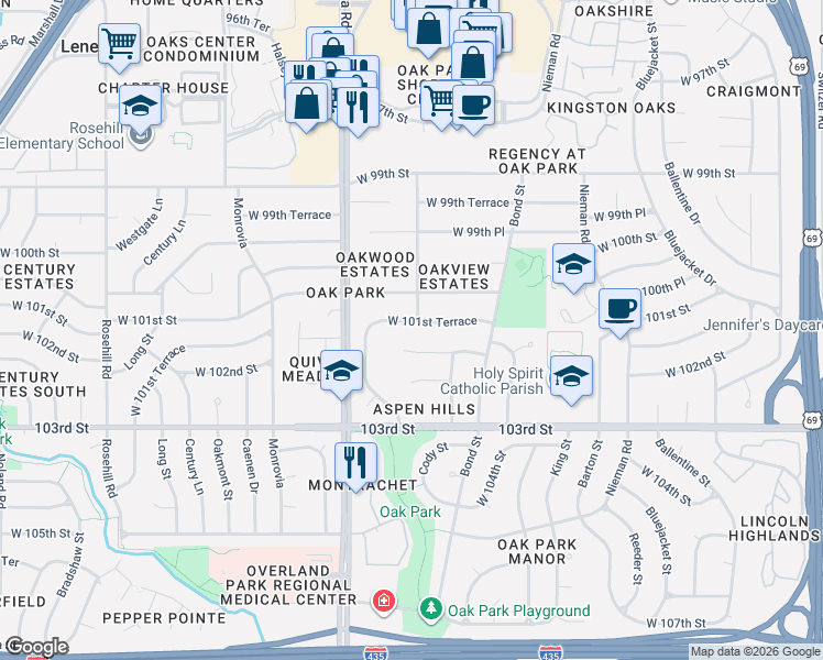 map of restaurants, bars, coffee shops, grocery stores, and more near 11716 West 102nd Street in Overland Park