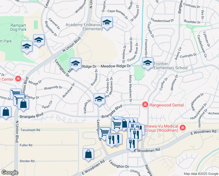 map of restaurants, bars, coffee shops, grocery stores, and more near 7775 Lindsey Drive in Colorado Springs