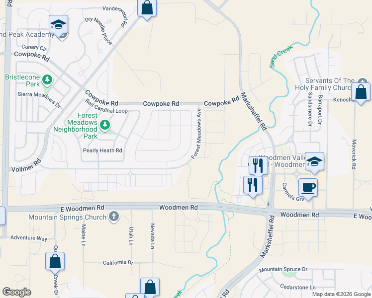 map of restaurants, bars, coffee shops, grocery stores, and more near 8271 Hardwood Circle in Colorado Springs