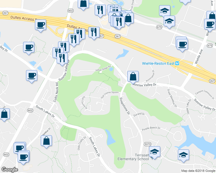 map of restaurants, bars, coffee shops, grocery stores, and more near 11616 Newbridge Court in Reston