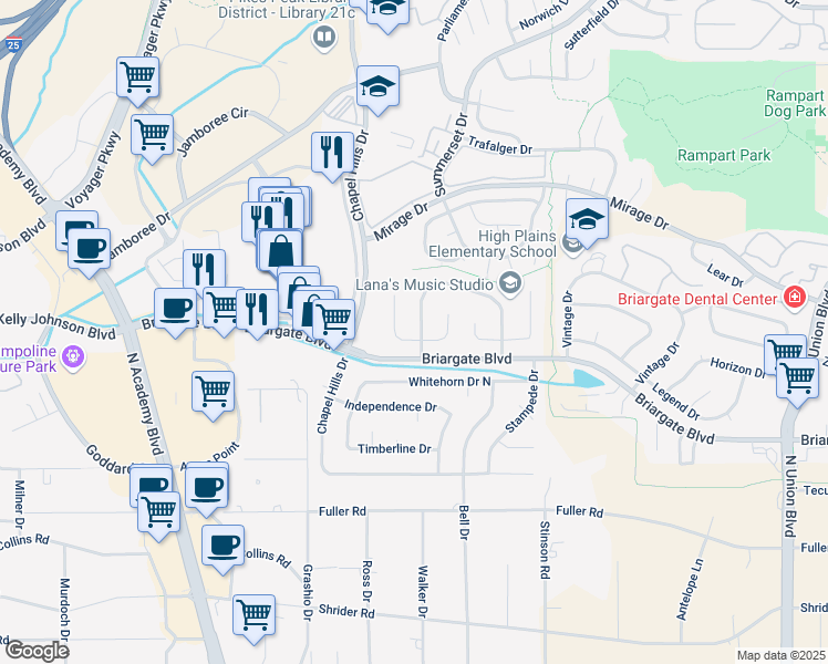 map of restaurants, bars, coffee shops, grocery stores, and more near 1910 Rusty Hinge Drive in Colorado Springs