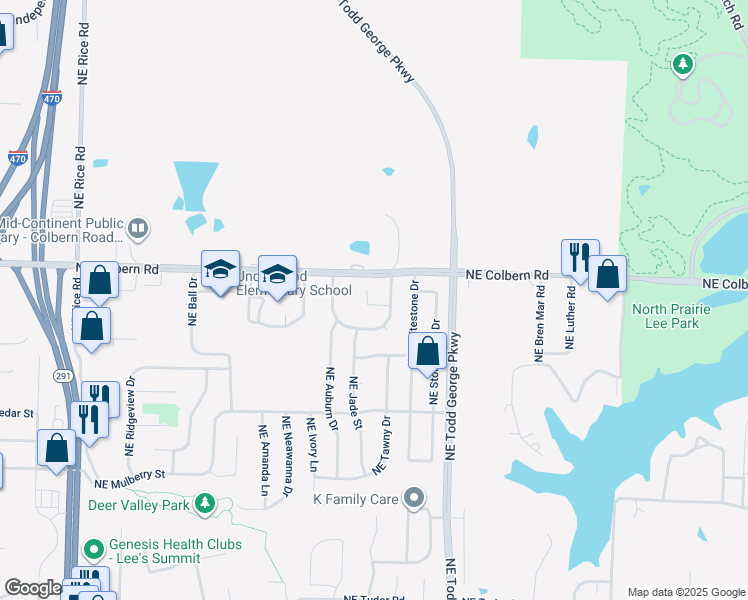 map of restaurants, bars, coffee shops, grocery stores, and more near 1804 Northeast Burgandy Circle in Lee's Summit