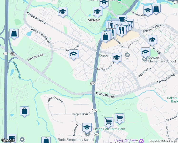 map of restaurants, bars, coffee shops, grocery stores, and more near 2524 Peter Jefferson Lane in Herndon