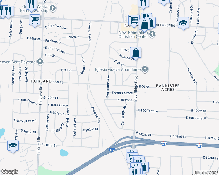 map of restaurants, bars, coffee shops, grocery stores, and more near 6600 East 99th Terrace in Kansas City