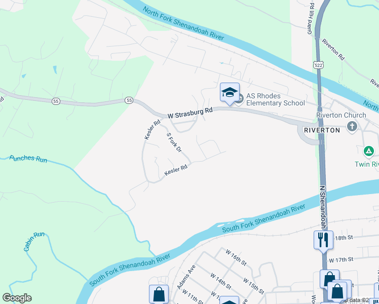 map of restaurants, bars, coffee shops, grocery stores, and more near 1186 South Fork Drive in Front Royal