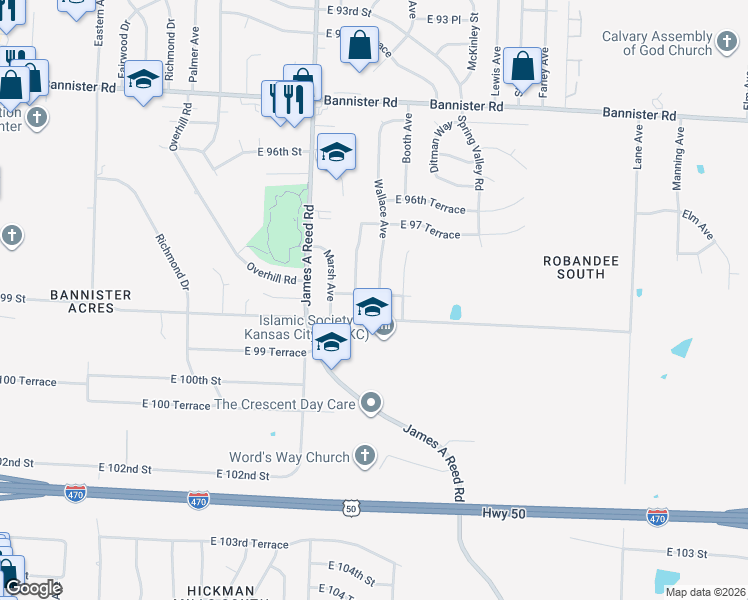 map of restaurants, bars, coffee shops, grocery stores, and more near 8407 East 98th Terrace in Kansas City
