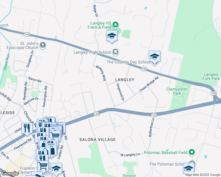 map of restaurants, bars, coffee shops, grocery stores, and more near 1125 Waverly Way in McLean