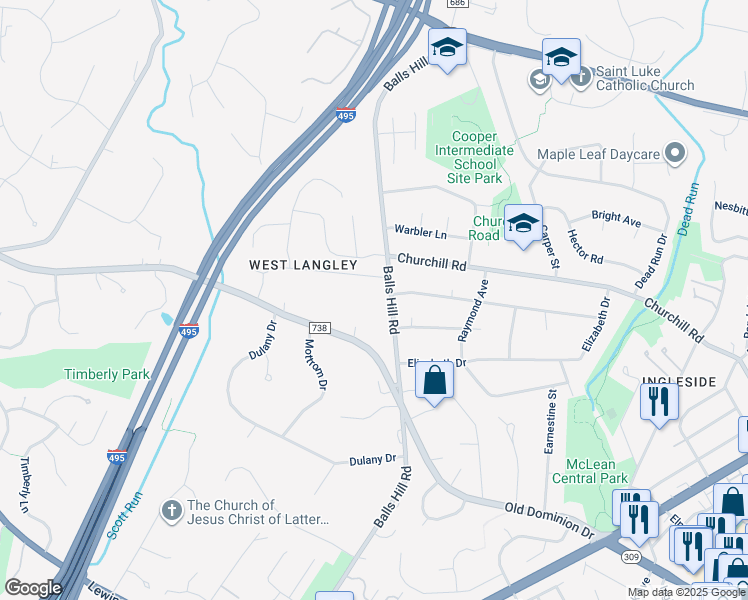 map of restaurants, bars, coffee shops, grocery stores, and more near 1110 Balls Hill Road in McLean