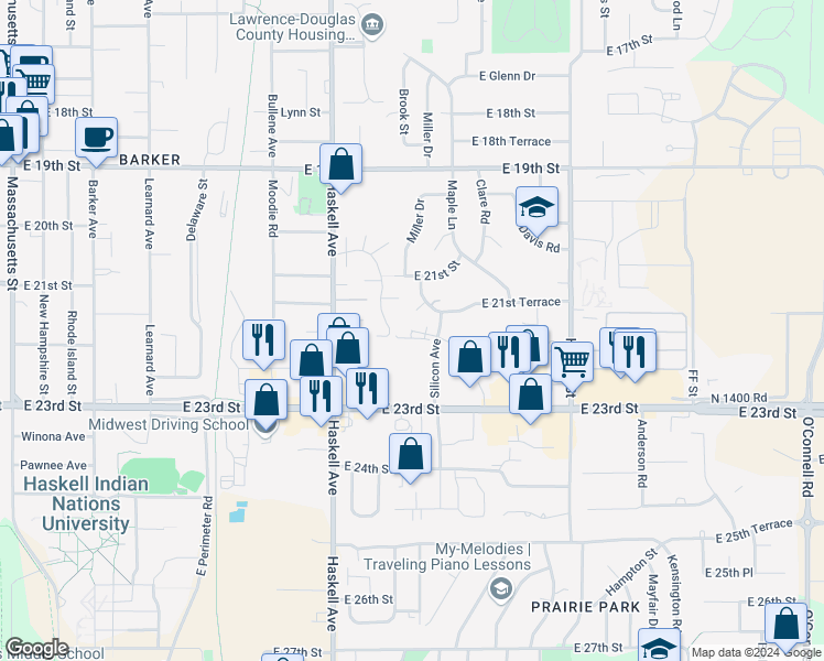 map of restaurants, bars, coffee shops, grocery stores, and more near 1312 Crosswinds Court in Lawrence