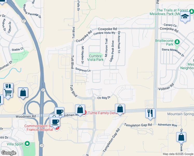 map of restaurants, bars, coffee shops, grocery stores, and more near 7648 Crestone Peak Trail in Colorado Springs