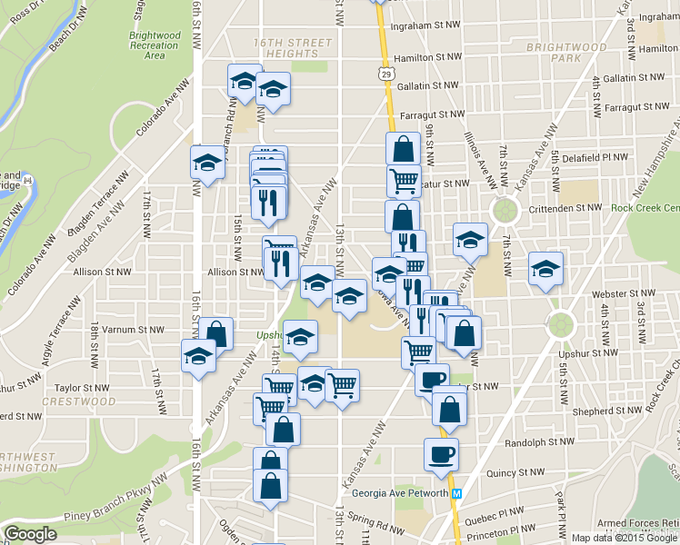 map of restaurants, bars, coffee shops, grocery stores, and more near 13th Street Northwest & Allison Street Northwest in Washington