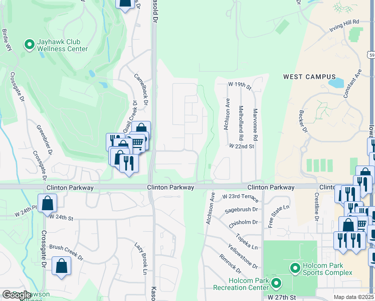 map of restaurants, bars, coffee shops, grocery stores, and more near 3204 West 22nd Terrace in Lawrence