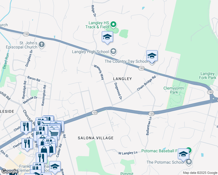 map of restaurants, bars, coffee shops, grocery stores, and more near 1125 Waverly Way in McLean