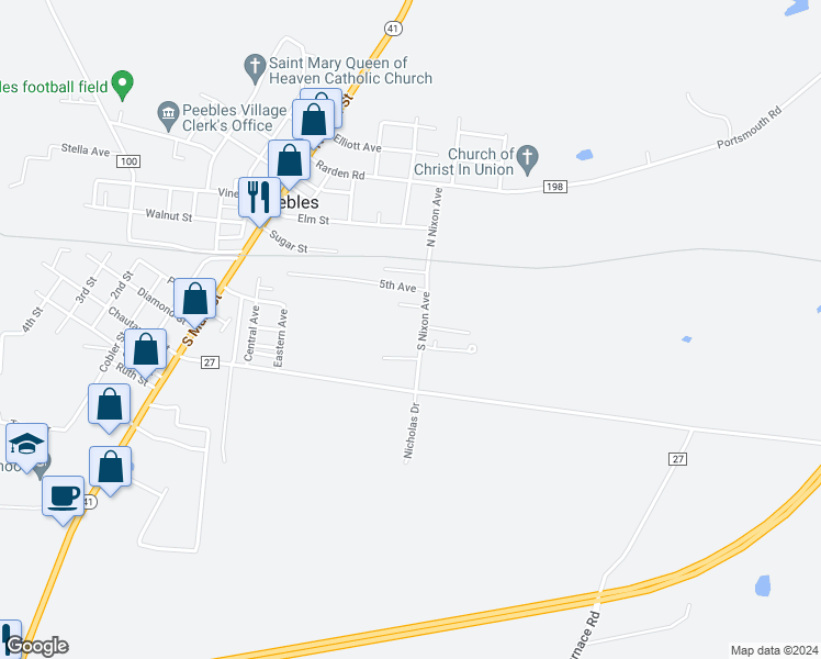 map of restaurants, bars, coffee shops, grocery stores, and more near 37 South Nixon Avenue in Peebles