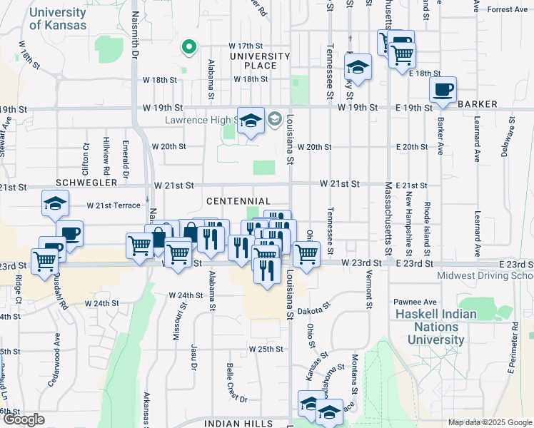 map of restaurants, bars, coffee shops, grocery stores, and more near 2145 Louisiana Street in Lawrence