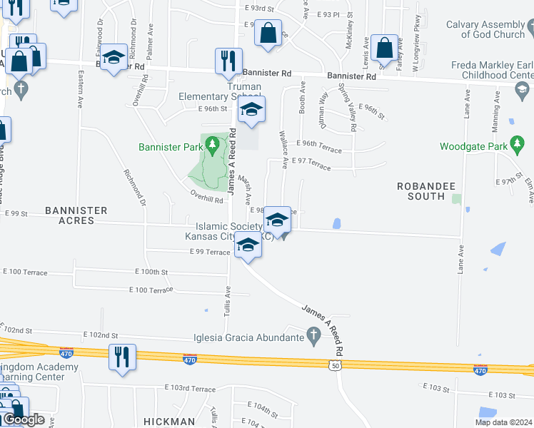 map of restaurants, bars, coffee shops, grocery stores, and more near 8401 East 98th Terrace in Kansas City