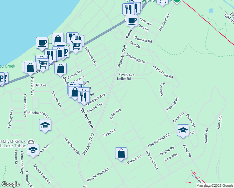map of restaurants, bars, coffee shops, grocery stores, and more near 1181 Wildwood Avenue in South Lake Tahoe