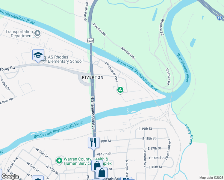 map of restaurants, bars, coffee shops, grocery stores, and more near 1315 Old Winchester Pike in Front Royal