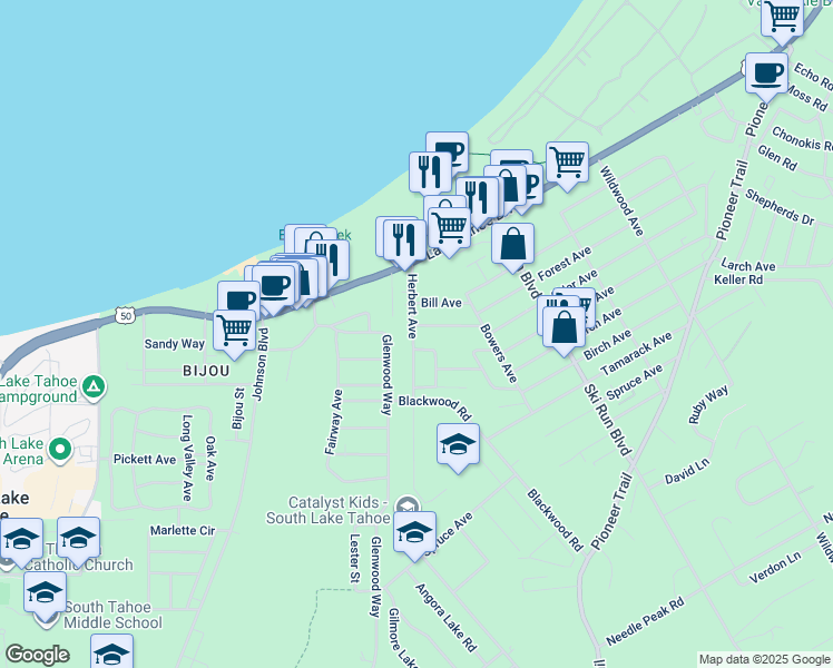 map of restaurants, bars, coffee shops, grocery stores, and more near 1063 Herbert Avenue in South Lake Tahoe