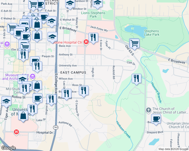 map of restaurants, bars, coffee shops, grocery stores, and more near 1612 Wilson Avenue in Columbia