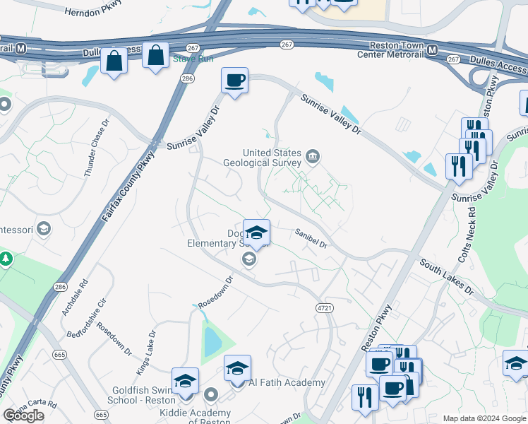 map of restaurants, bars, coffee shops, grocery stores, and more near 2244 Sanibel Drive in Reston