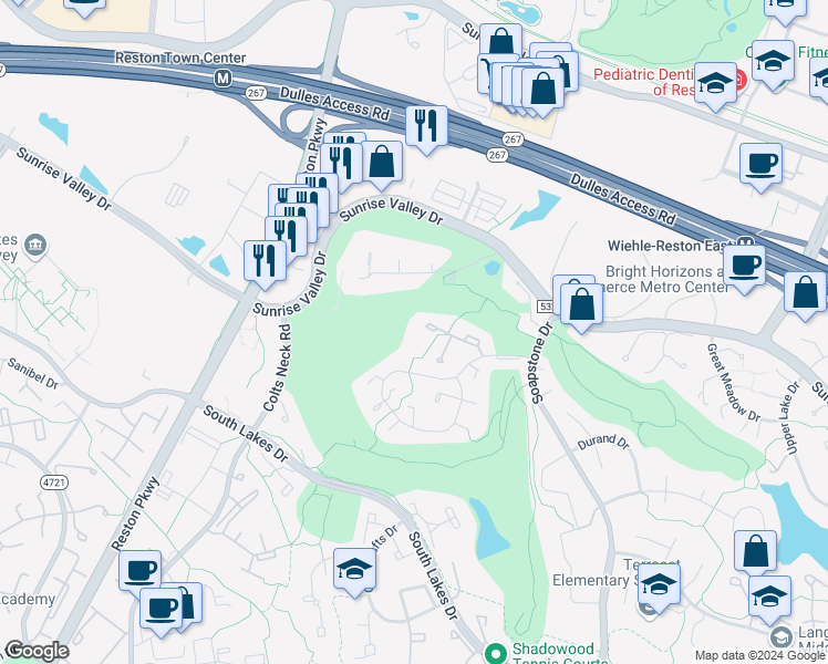 map of restaurants, bars, coffee shops, grocery stores, and more near 11719 Newbridge Court in Reston