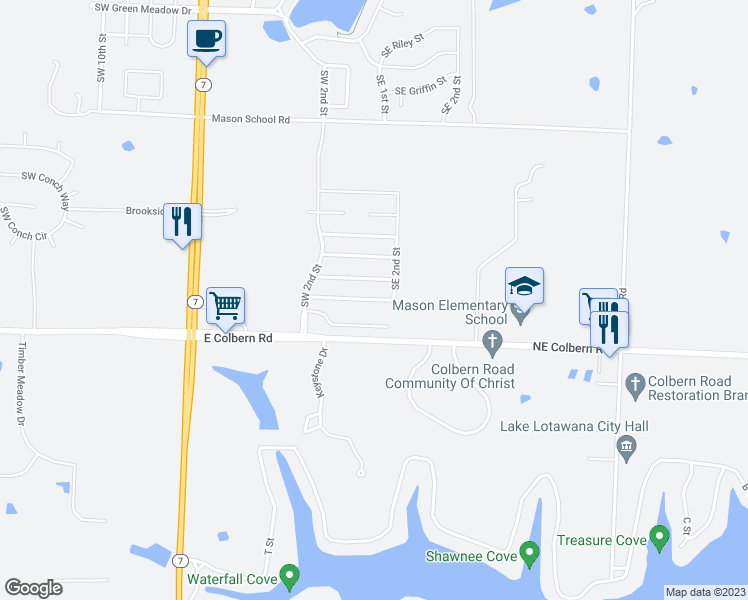 map of restaurants, bars, coffee shops, grocery stores, and more near 114 Southeast Rock Garden Lane in Lee's Summit