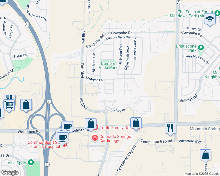 map of restaurants, bars, coffee shops, grocery stores, and more near 7648 Crestone Peak Trail in Colorado Springs