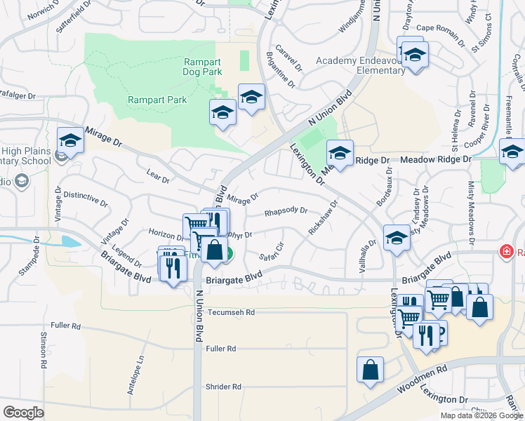 map of restaurants, bars, coffee shops, grocery stores, and more near 2960 Zephyr Drive in Colorado Springs