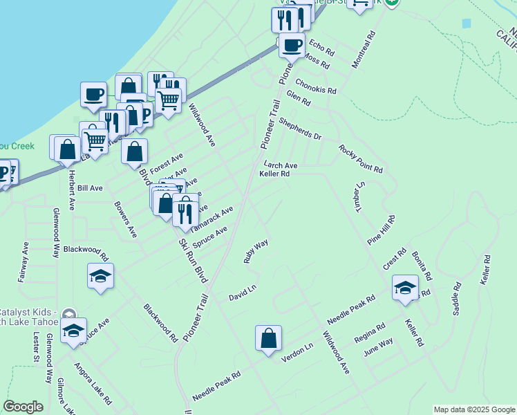 map of restaurants, bars, coffee shops, grocery stores, and more near 34 Wildwood Avenue in South Lake Tahoe