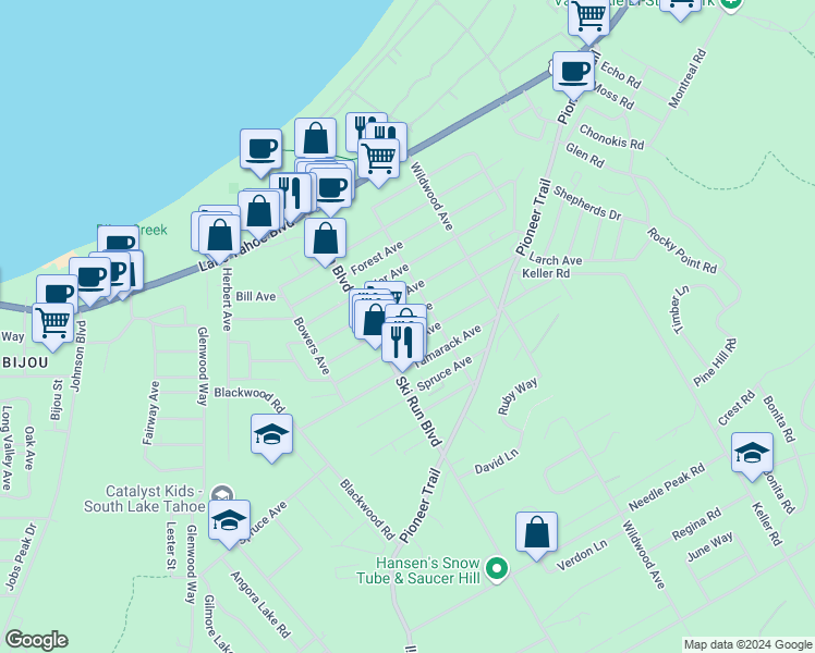map of restaurants, bars, coffee shops, grocery stores, and more near 3670 Birch Avenue in South Lake Tahoe