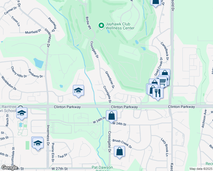 map of restaurants, bars, coffee shops, grocery stores, and more near 2202 Crossgate Drive in Lawrence