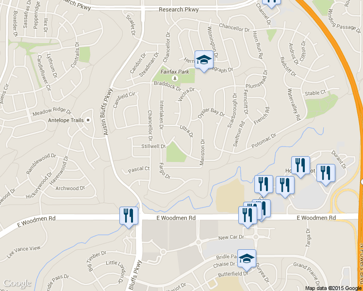 map of restaurants, bars, coffee shops, grocery stores, and more near 7668 Scarborough Drive in Colorado Springs