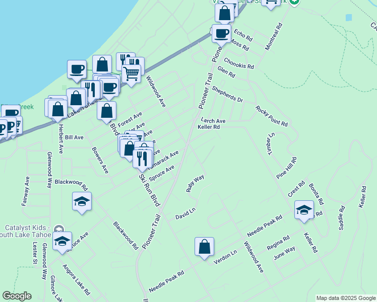 map of restaurants, bars, coffee shops, grocery stores, and more near 1200 Wildwood Avenue in South Lake Tahoe