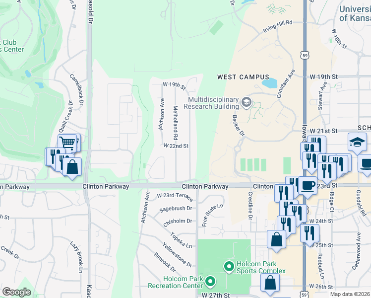 map of restaurants, bars, coffee shops, grocery stores, and more near 2215 Marvonne Rd in Lawrence