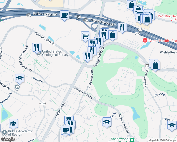 map of restaurants, bars, coffee shops, grocery stores, and more near 2006 Colts Neck Road in Reston