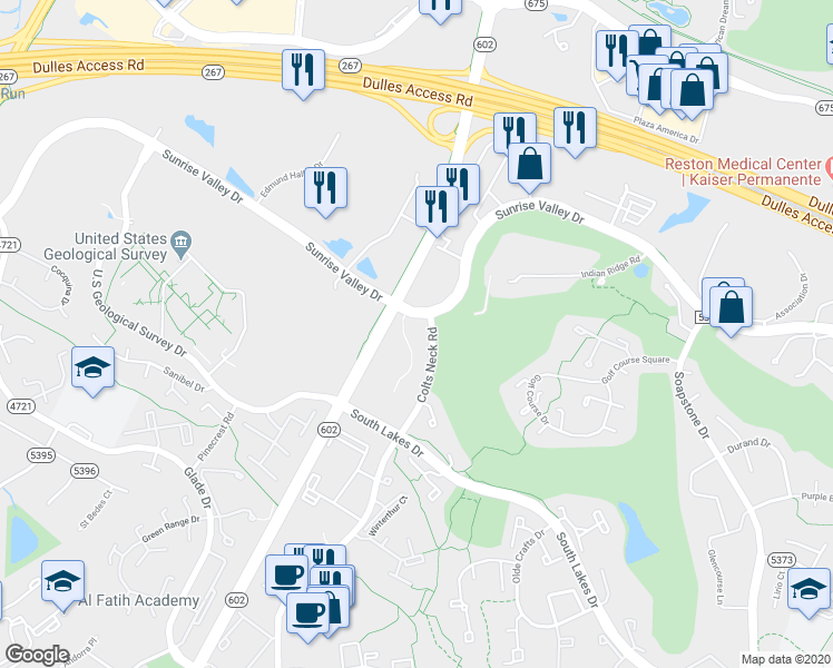 map of restaurants, bars, coffee shops, grocery stores, and more near 2006 Colts Neck Road in Reston