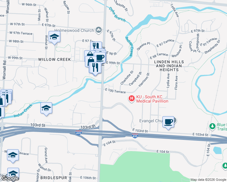 map of restaurants, bars, coffee shops, grocery stores, and more near 808 East 100th Terrace in Kansas City