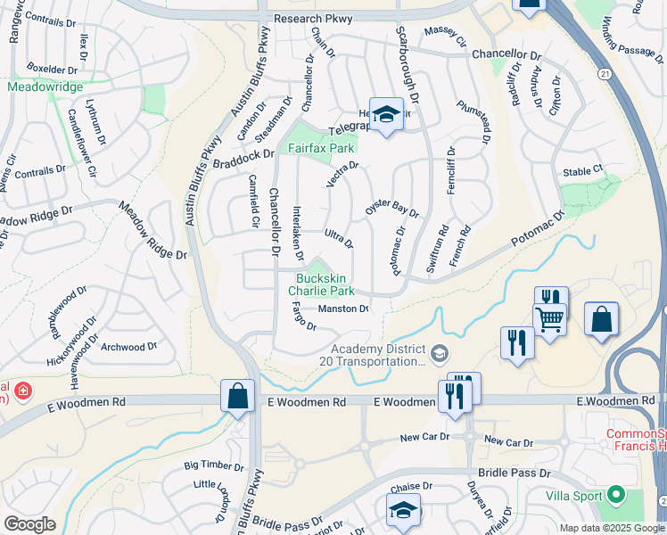 map of restaurants, bars, coffee shops, grocery stores, and more near 7668 Scarborough Drive in Colorado Springs