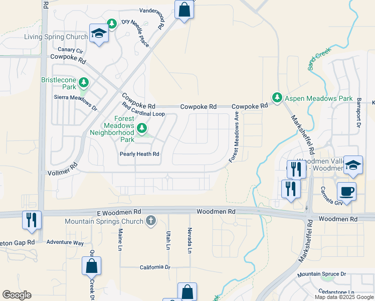 map of restaurants, bars, coffee shops, grocery stores, and more near 7742 Wagonwood Place in Colorado Springs