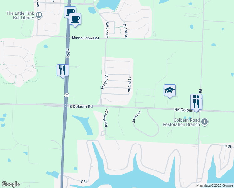 map of restaurants, bars, coffee shops, grocery stores, and more near 121 Southeast Rock Garden Lane in Lee's Summit