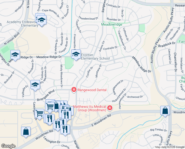 map of restaurants, bars, coffee shops, grocery stores, and more near 7750 Montane Drive in Colorado Springs