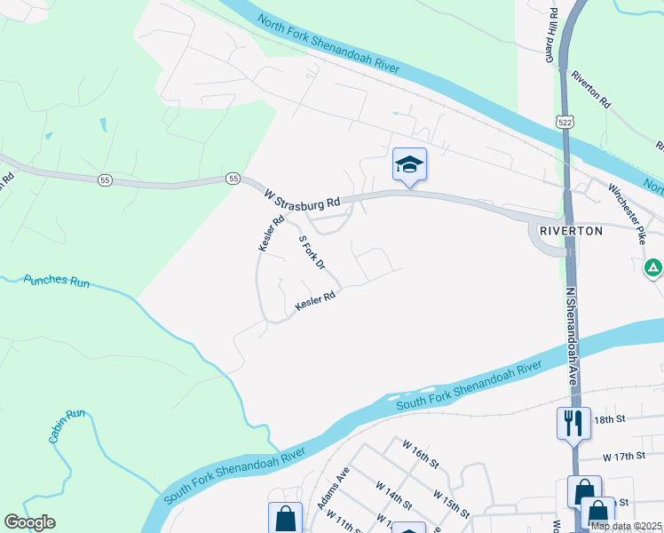 map of restaurants, bars, coffee shops, grocery stores, and more near 1190 South Fork Drive in Front Royal